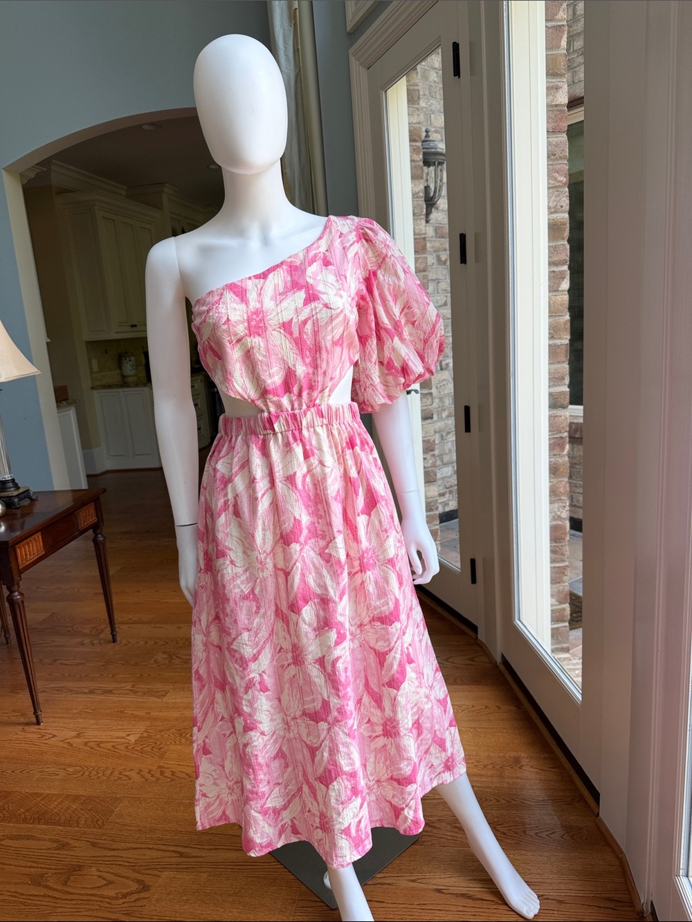 Olivaceous One-Shoulder Pink Floral Midi Dress